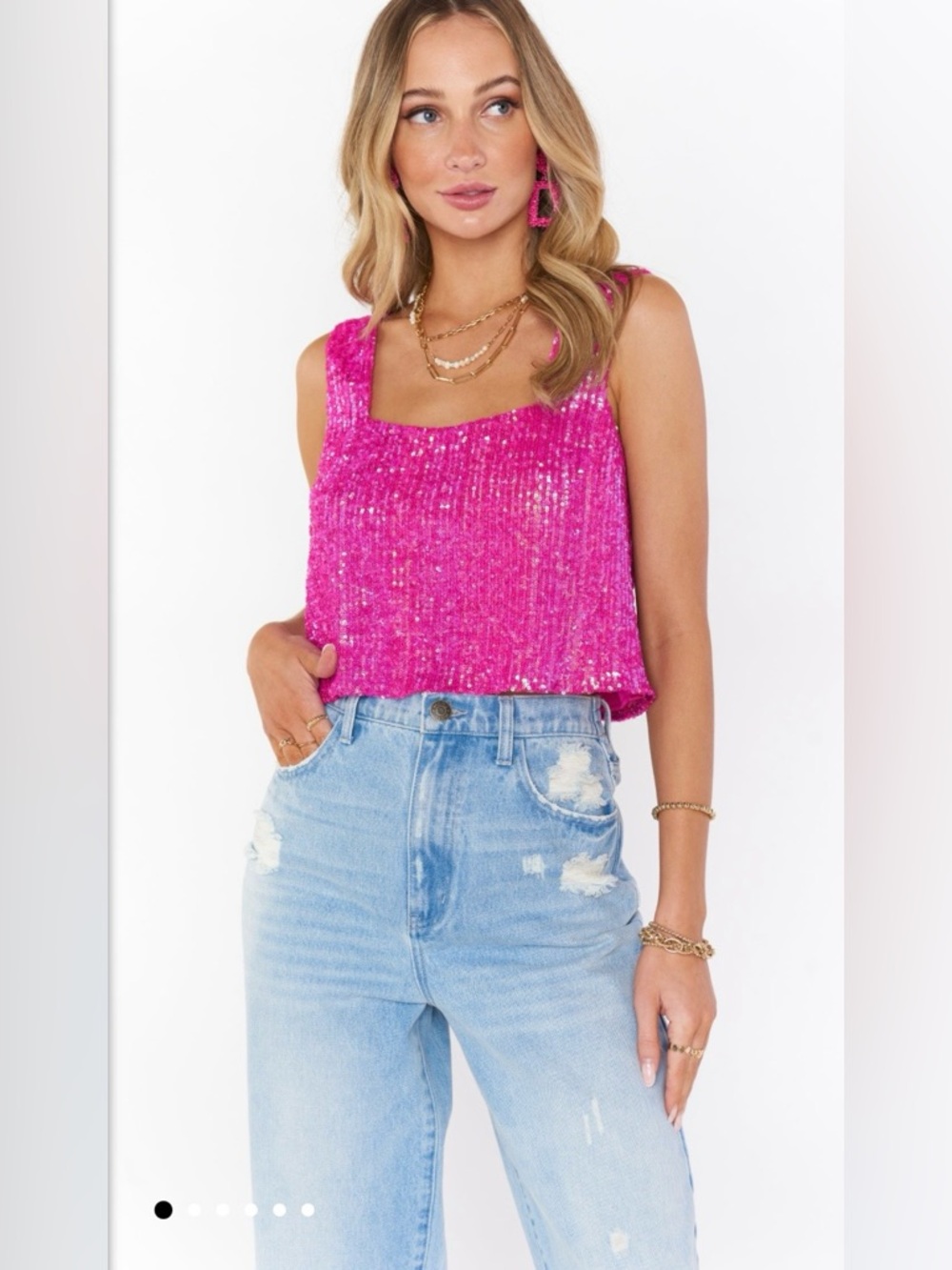 Pink Sequin Tank Top - Women's Sparkle Cropped Shell